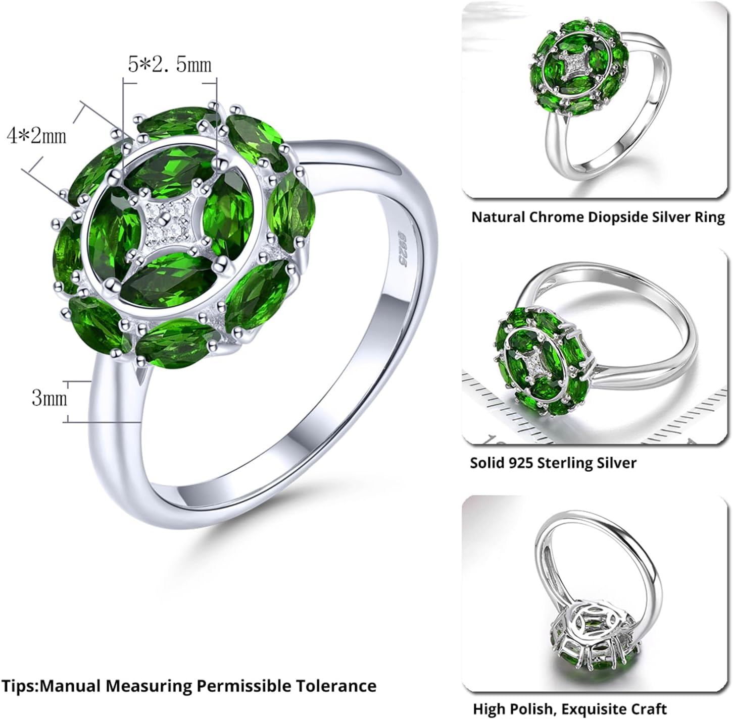 Statement Rings for Women S925 Sterling Silver Genuine Natural Gemstone Chrome Diopside Tanzanite Birthstone Promise Ring Classic Style Fine Jewelry