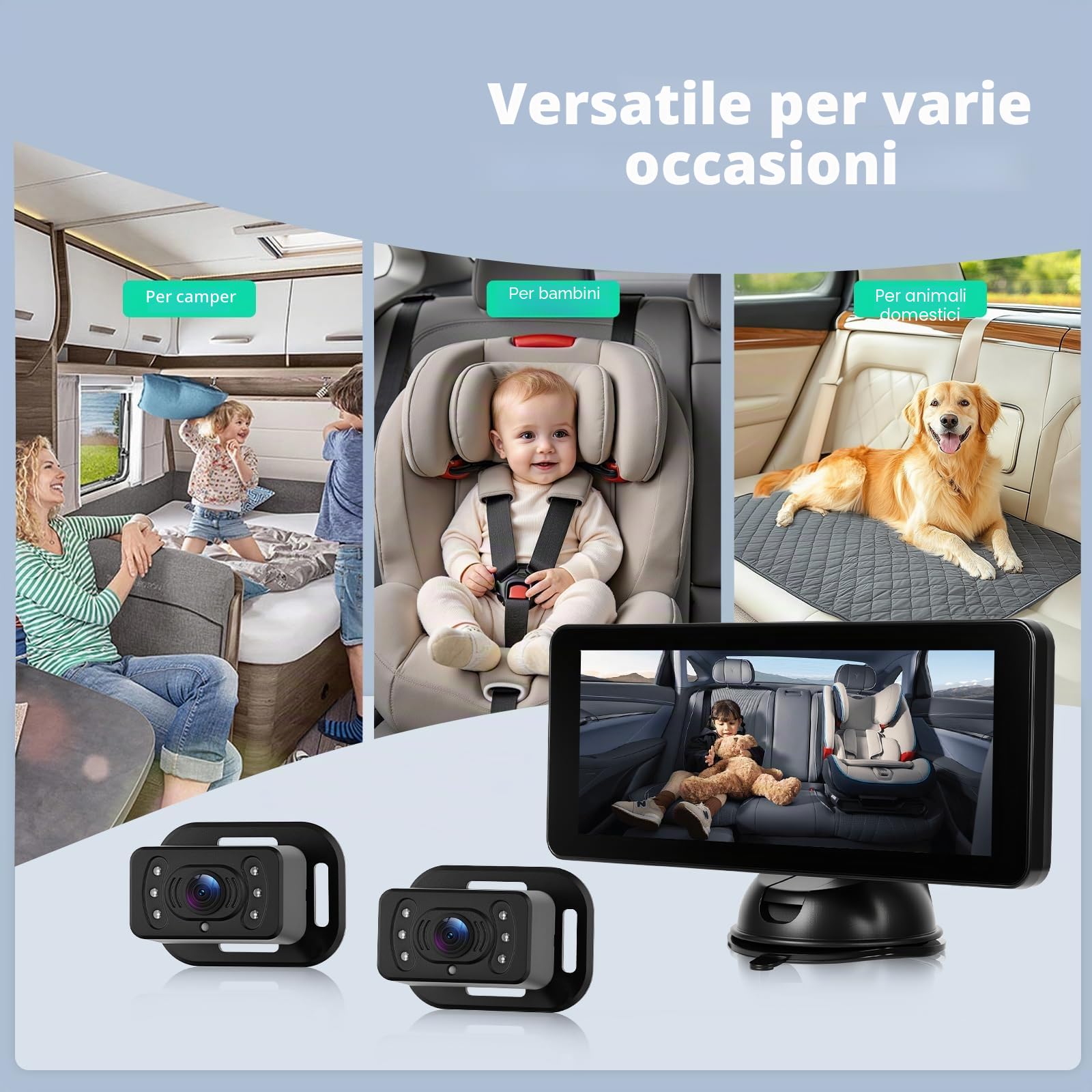 Telecamera automatica doppia per bambini - con display IPS HD da 6,9" e funzione visione notturna, e una telecamera specchio di sicurezza per auto girevole a 360° per bambini e animali domestici
