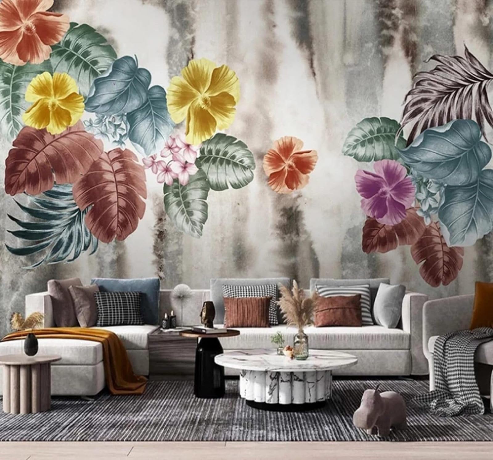 Retro Three Dimensional Multicoloured Leaves and Flowers 3D Wallpaper Easy Install Feature Office Living Room Sofa Bedroom TV Background Wall Decoration-150cm×105cm