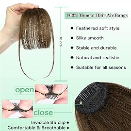 NAYOO Bangs Hair Clip - Light Brown Fake Bangs 100% Real Human Hair Extensions Wispy Bangs for Women Fringe with Temples Hairpieces Curved Bangs for Daily Wear(Light Brown, Wispy Bangs)
