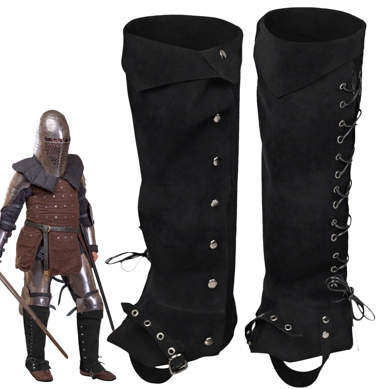 Couvre-bottes de pirate médiévales pour homme en similicuir de la Renaissance pour homme, guêtre de protection de jambe réglable pour Halloween, cosplay (noir)