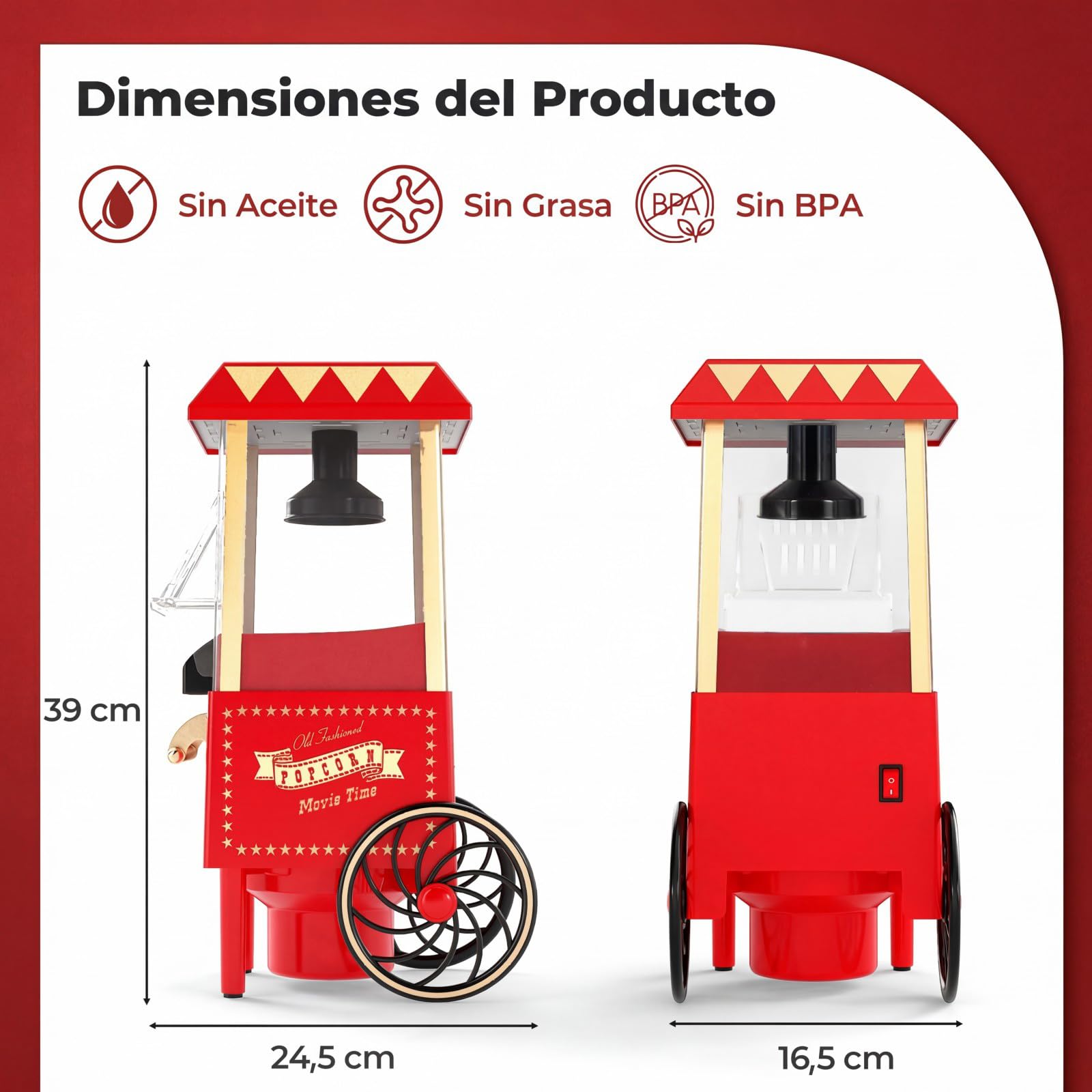 COSTWAY 1200 W Palomitero Eléctrico de Aire Caliente, Máquina de Palomitas Maíz sin Aceite ni Grasas, 12 Tazas con Vaso Medidor, Palomitera Retra de Sobremesa para Hogar, Cine, Fiesta