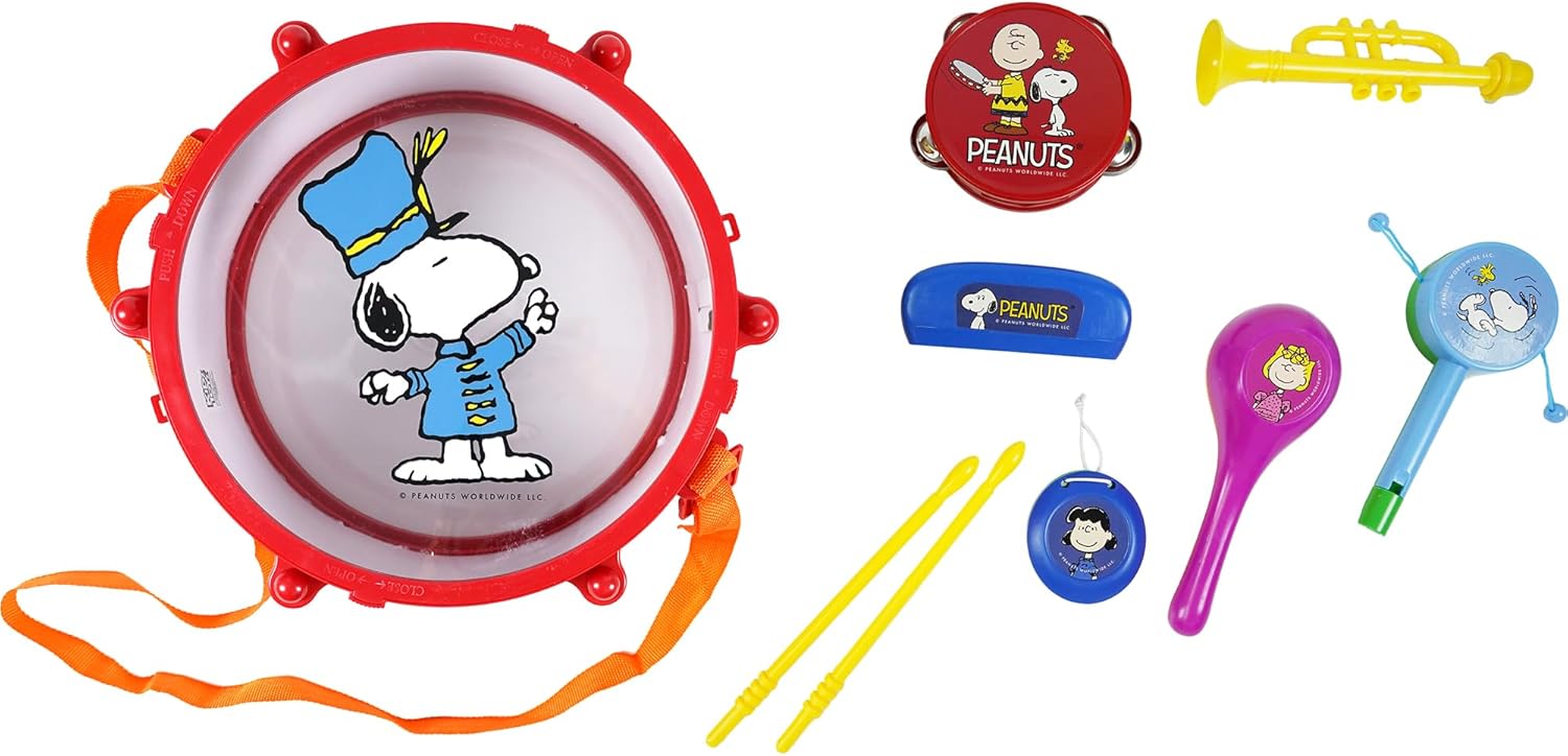 LICENSE 2 PLAY Peanuts 9pc All in One Band Set, Musical Instrument Toy, Drum & Tambourine, Plastic, 10.8 x 4.92 x 9.45 Inches, Toddler, 1.3 Pounds, No Batteries Required