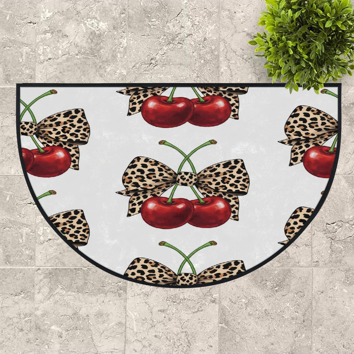 Große halbrunde Fußmatte – Kirsch-Leopardenmuster, Schleife, waschbar, rutschfest, halbrund, Eingangsbereich, Teppich, niedlich, weich, halbrund, saugfähig, Teppich für Küche, Badezimmer