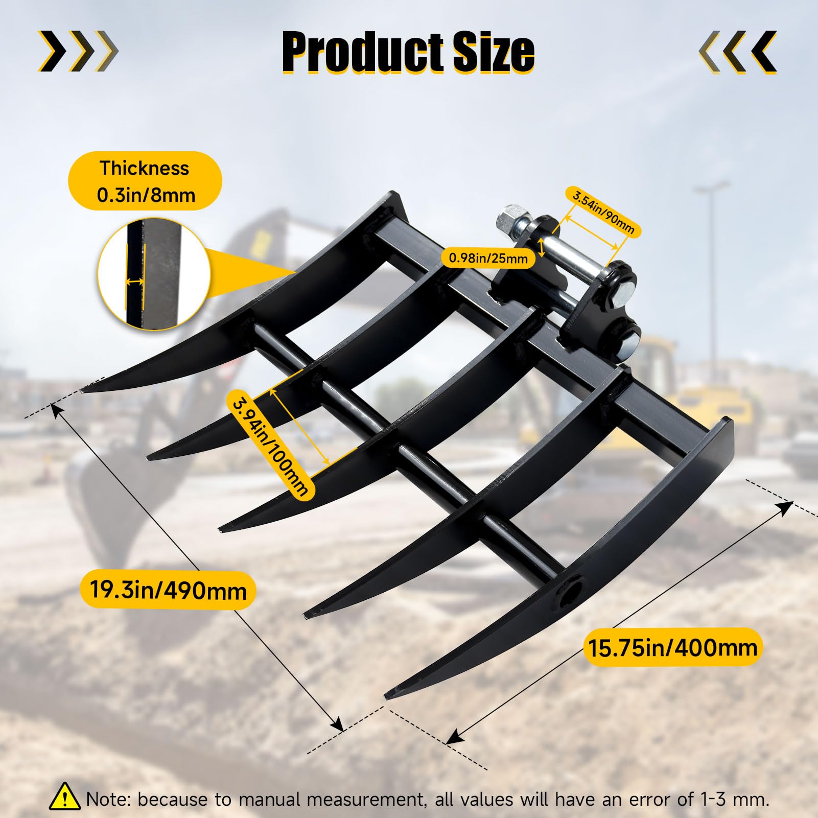 Rastrillo de excavadora de metal ancho para mini excavadoras, accesorios de excavadora con diámetro de orificio de 25 mm y envergadura de 90 mm