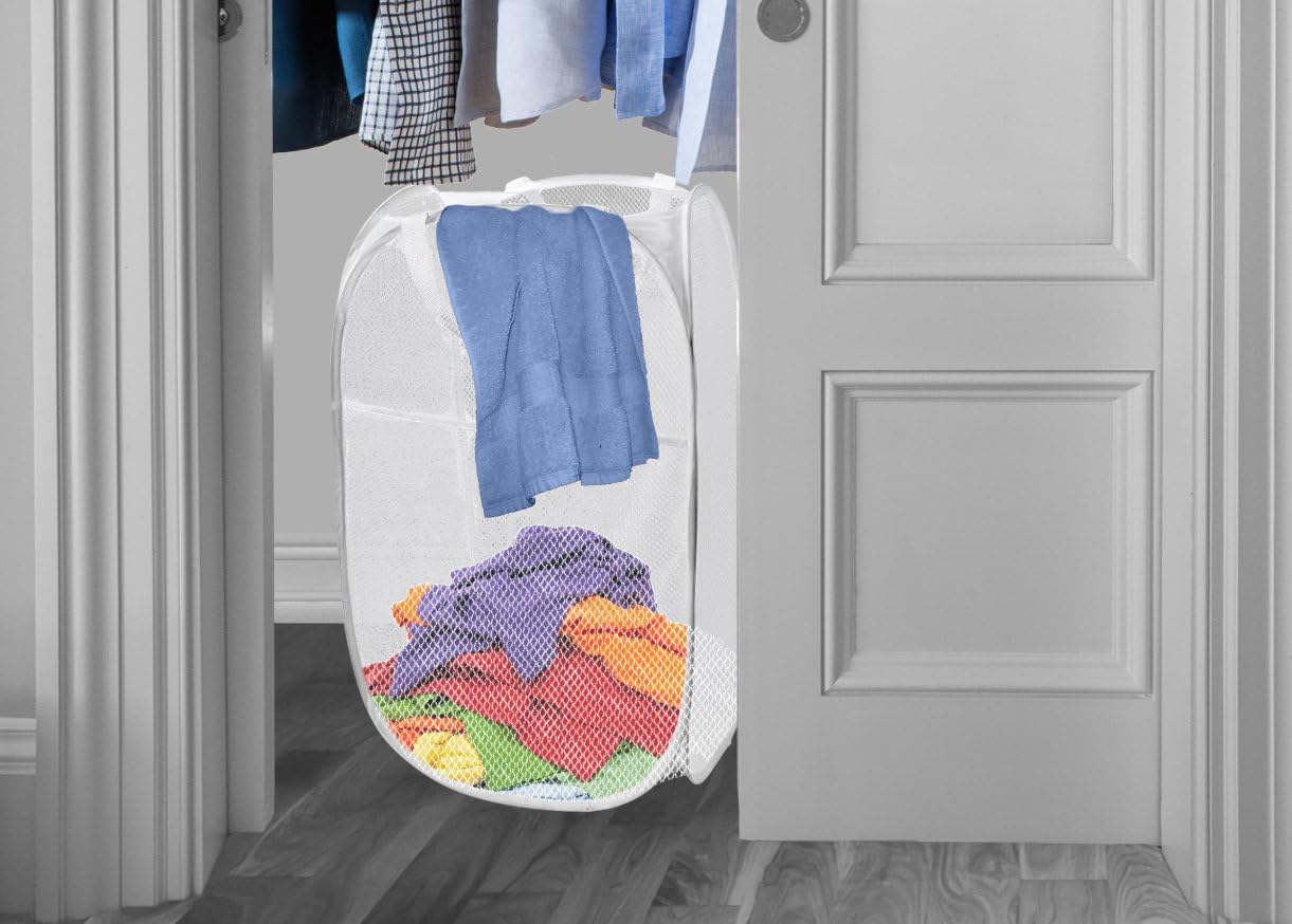 Backpack Mesh Popup Laundry Hamper - Portable, Durable Handles, Collapsible for Storage and Easy to Open. Folding Pop-Up Clothes Hampers are Great for The Kids Room, College Dorm or Travel. (White)