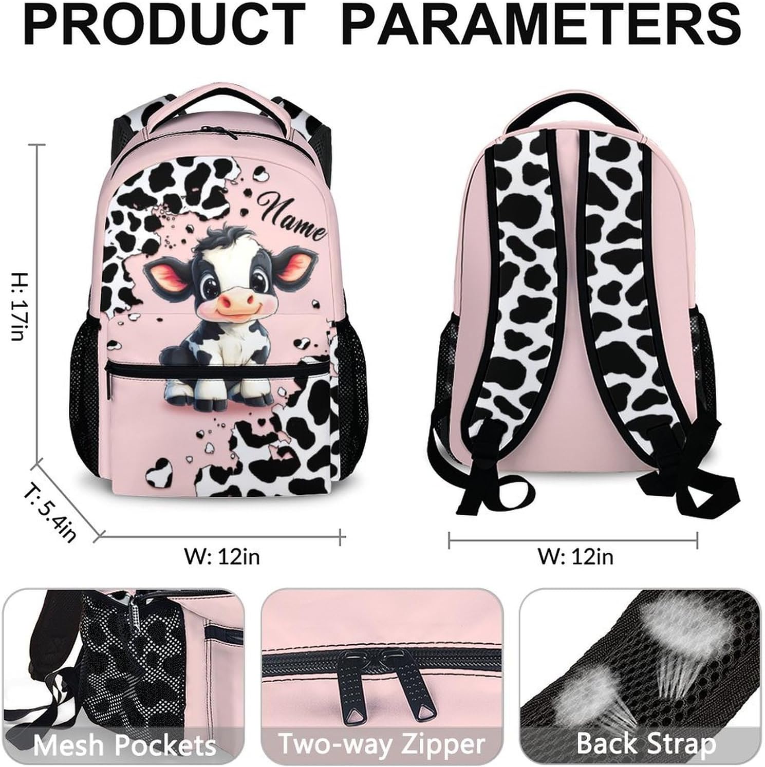 Backpack for Girls, Personalized Cow Backpacks for Kids, Custom Cute Cow Bookbag with Name for Elementary Senior Kindergarten Preschool, 17 Inch Pink Lightweight Schoolbag