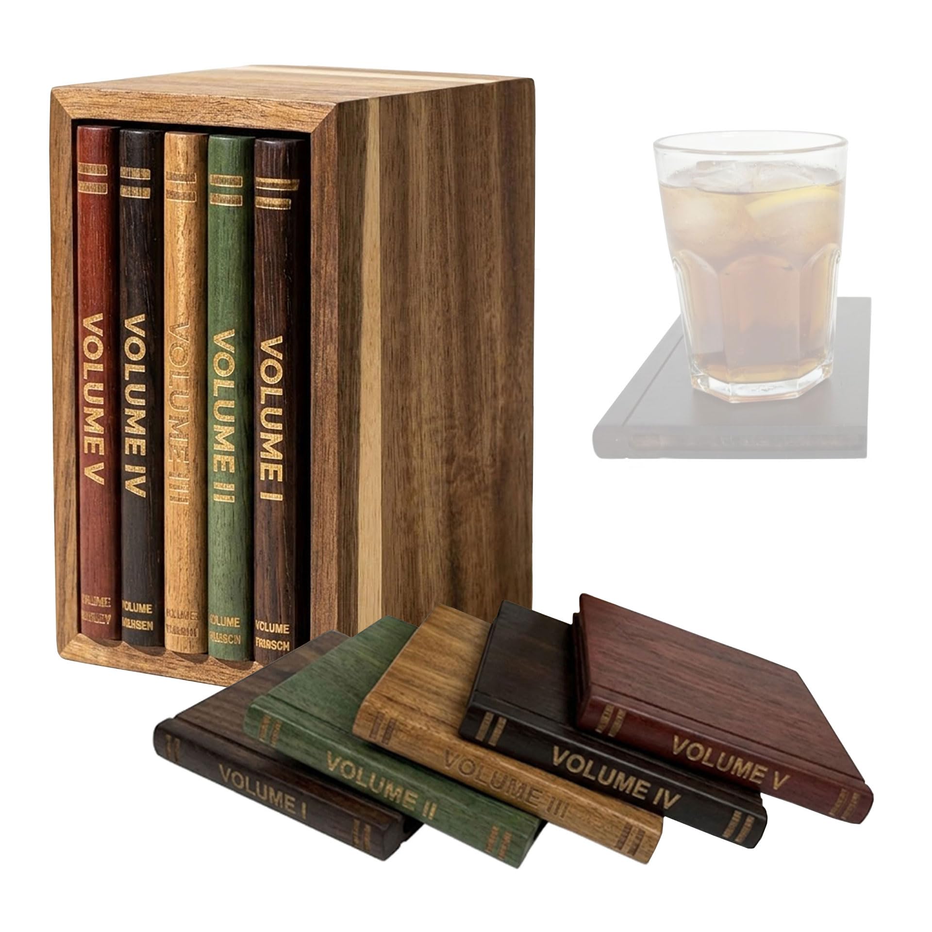 PSKJHN Book Coasters with Holder, Acacia Wood Coasters for Drinks, Set of 5 Book-Style Decorative Coaster - Coffee, Tea & Cocktail Display, Gift for Book Lovers Set of 5,8x9x14.5cm
