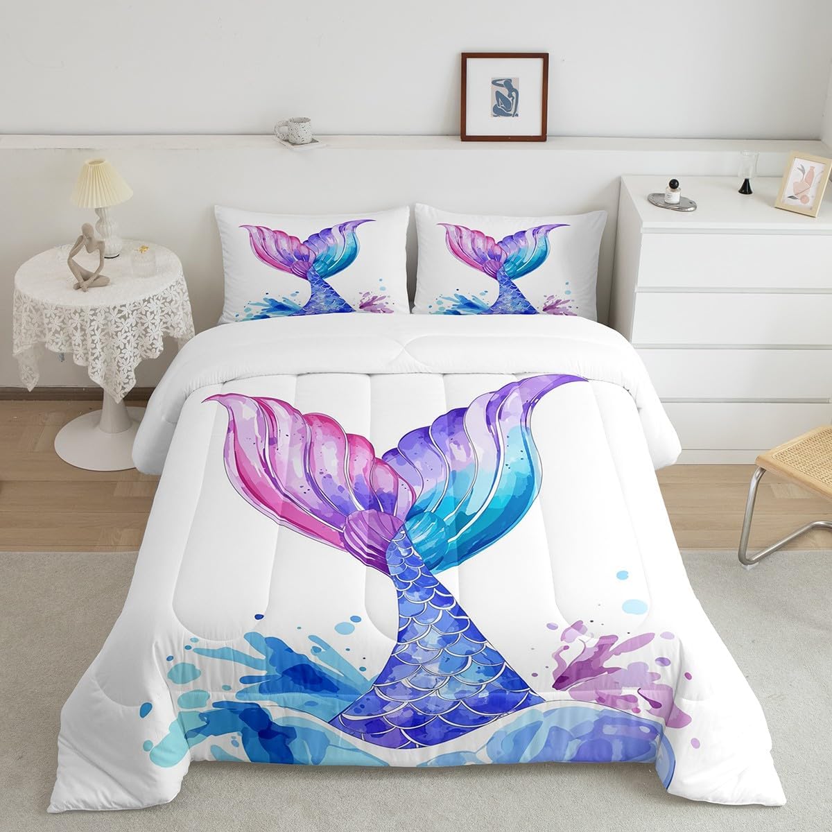 Feelyou Girls Kawaii Mermaid Comforter Mermaid Boys Bedding Set Fish Scales Soft Comforter Set Princess Decor Girly Rainbow Quilt Room Decor Twin Size Duvet Set Boys with 1 Pillow Case