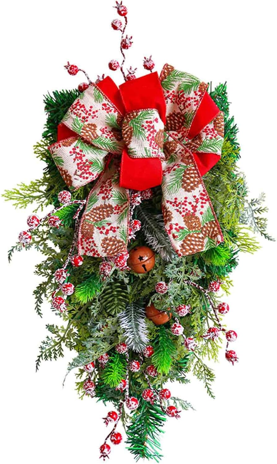 MINGZHE Christmas Teardrop Swag with Red Bow,Decorative Props Pendant Christmas Swags Hanging Decor Artificial Door Swag Christmas Front Door Decorations 50x25 cm