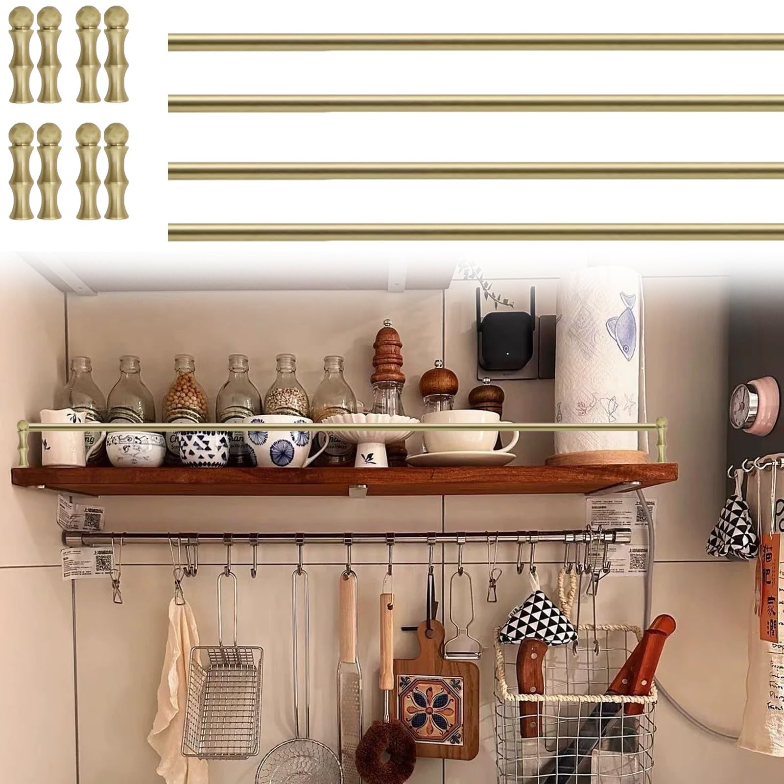 Binario per Mensole Kit Barra Decorativa in Ottone per Scaffali 25 28 30 38 53 60 70 cm | Barra di Protezione Anticaduta per Ripiani In Legno, Set di Ringhiere Moderne per Ripiani(4pcs,25inch/63.5cm)