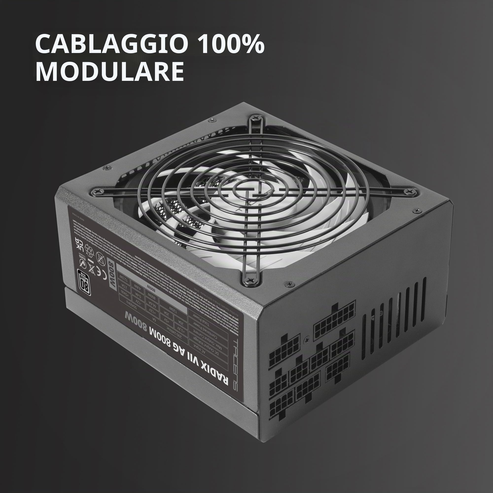 Tacens RADIX VII AG 800M, Alimentatore Modulare PC ATX 800W, 10 Anni Garanzia, 80Plus Silver, Tecnologia AI-RPM Silenziosa, 87% Efficienza, Nero