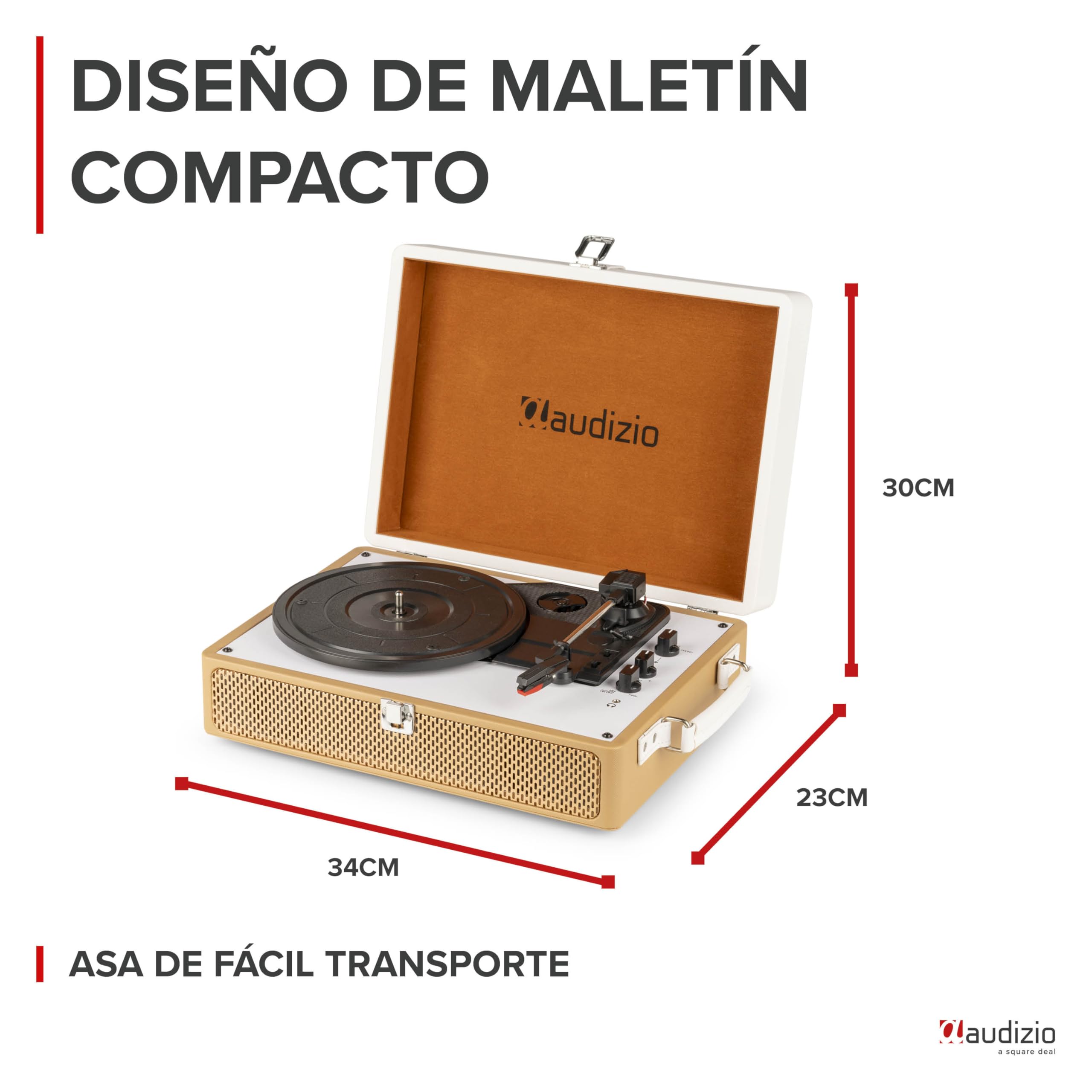 Audizio RP119 - Tocadiscos Retro con Altavoz Bluetooth de Vinilo para Enviar y Recibir, 3 velocidades 33/45/78, formatos 7''/10''/12'', AUX de 3,5 mm y RCA/Cinch - Bronce/Cuero