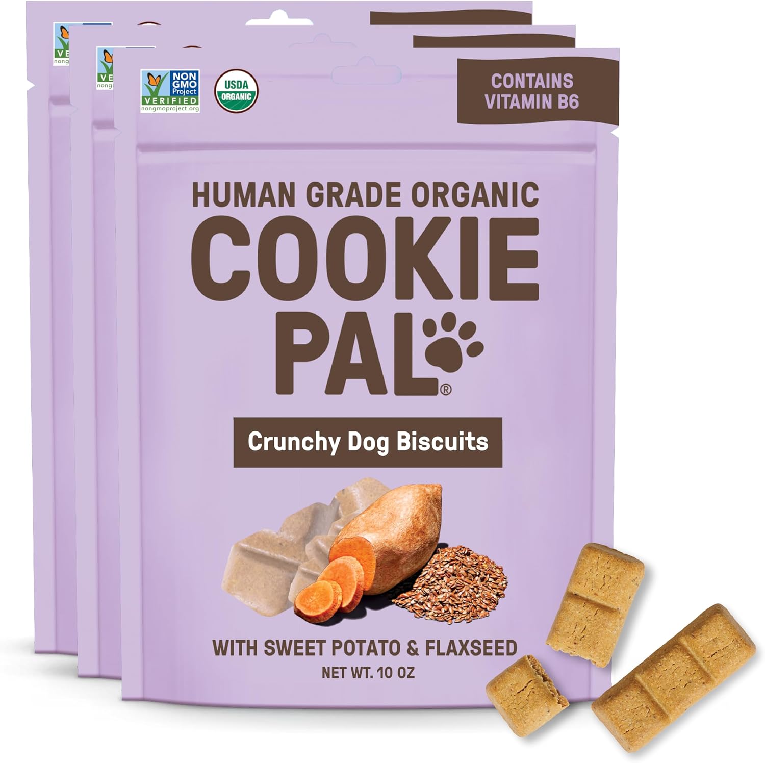 CookiePal Sweet Potato Dog Treats with Flaxseed, Crunchy Human Grade USDA Organic Puppy Treats for Training, Biscuits, 10oz (Pk of 3)