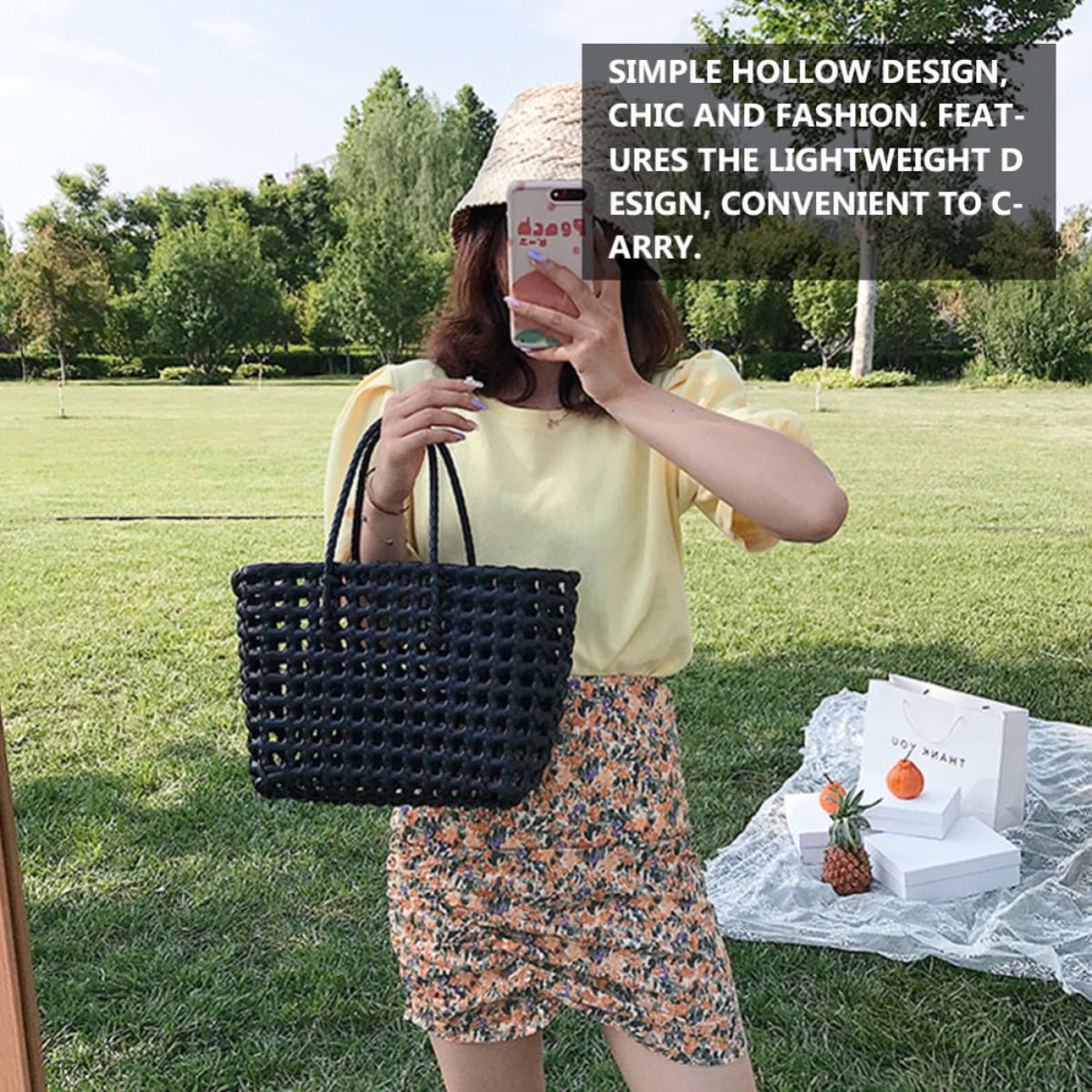 LALAFINA Bolso de Mano de Paja Tejido a Mano, Negro, Diseño Hueco