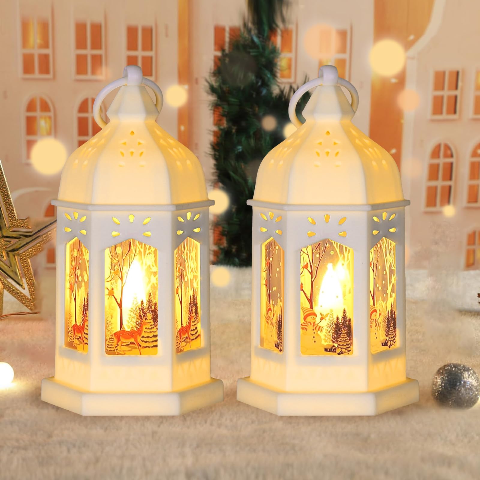 Farolillos Decorativos de Navidad con Luz Led Blanca Cálida,2 Piezas Farolillo de Navidad Led con Luz Blanca CáLida,Farol de Vela Decorativo Vintage Navideño,Luz Decorativa Navideña