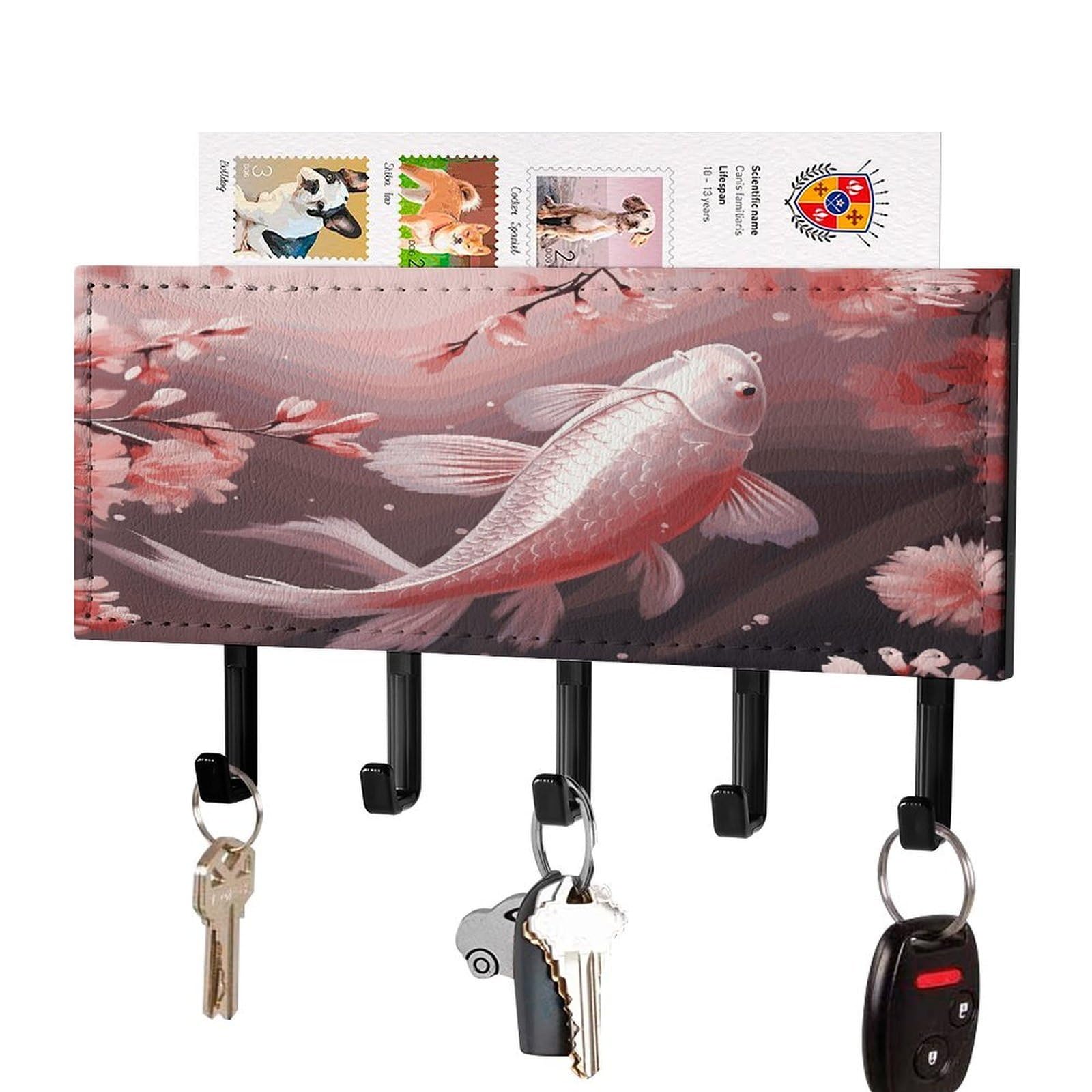 FekiLoot Pink Cherry Blossom Red Carp Key Holder for Wall Decorative Mail Organizer with 5 Key Hook Self Adhesive Key Rack with Tray Coat Rack Wall Mount Key Hanger Decor for Entryway Door