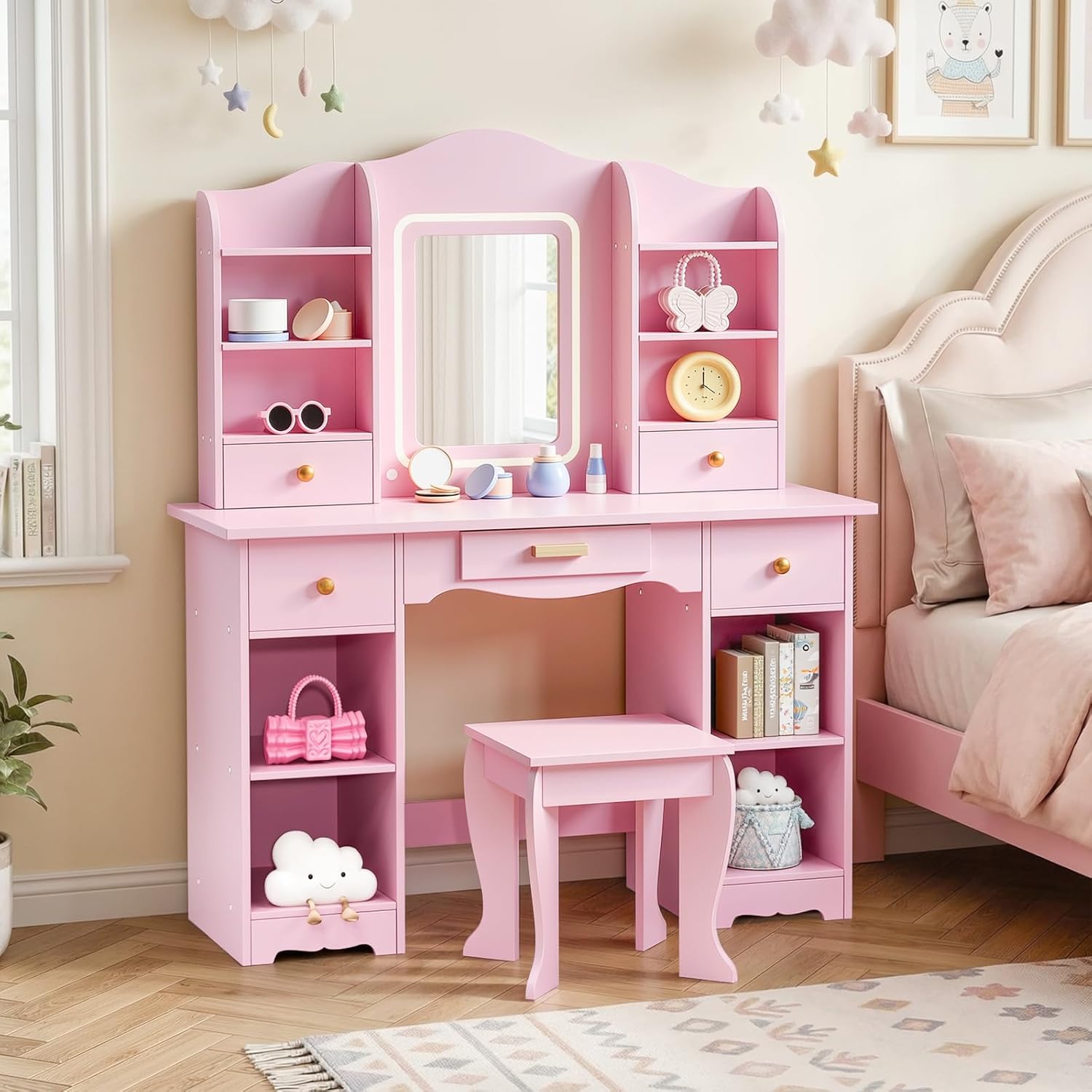 Arlopu Kids Vanity with 3-Color Lights, Girls Vanity Set w/Large Storage, Mirror ＆ Stool, 2 in 1 Princess Wooden Pretend Play Makeup Desk, Dressing Table and Chair, Open Shelves, Drawer (Pink)