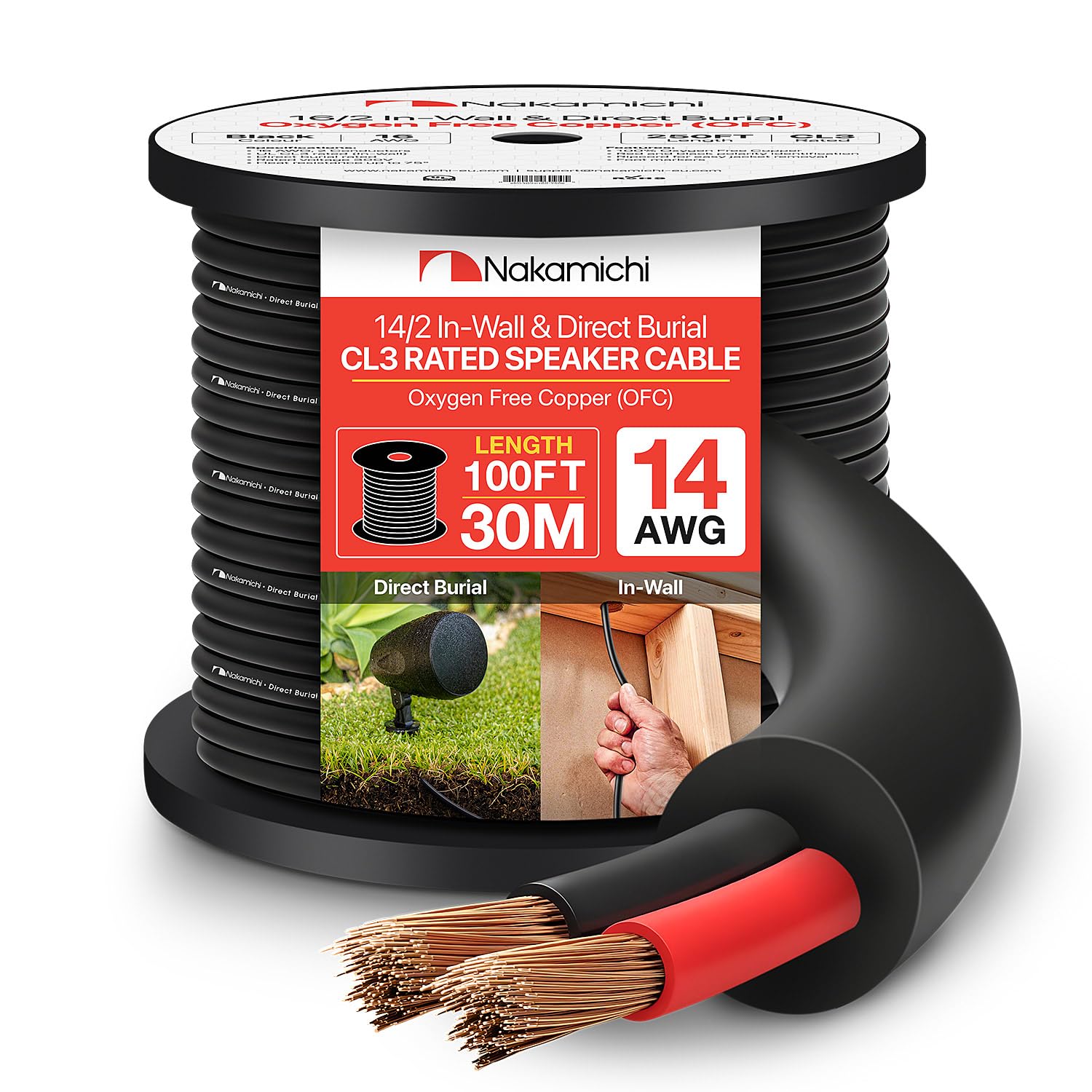 Nakamichi 14/2 (100 pieds) Câble d'enceinte 2 conducteurs en cuivre sans oxygène (OFC), pour installation murale et enterrée (certifié UL CL3), utilisation en extérieur, noir (14AWG / 100ft / 30,48m)