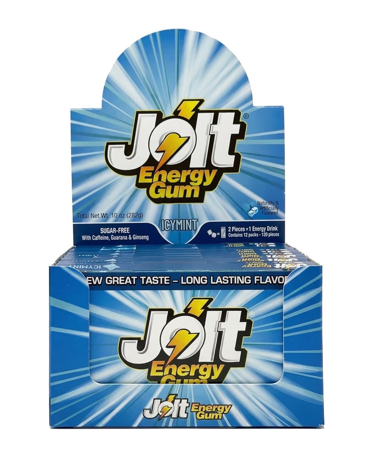 Jolt Energy Gum - Icy Mint –12 Pack (120 Pieces) – Sugar Free – With Caffeine, Ginseng & Guarana - Increase Energy, Freshen Breath, Boost Performance