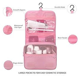 Lcsmaokin Large Capacity Toiletry Bag Travel Bag with Hanging Hook for Men and Women Waterproof Travel Cosmetic Bag Bathroom Storage Bag for Brushes Set, Full-Sized Shampoo,Accessories(Pink Stripe)