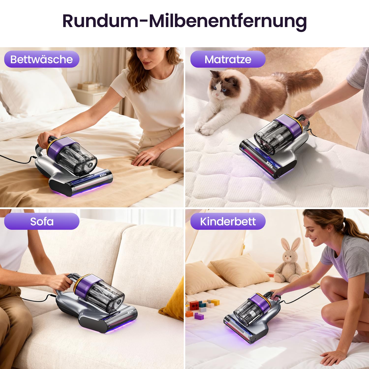 Milbensauger für Matratzen mit 18 kPa Saugkraft, UV-C Licht, 63 °C Heißluft und 2 Bürsten, Bett-Staubsauger und Matratzenreiniger für Matratzen, Betten, Sofa