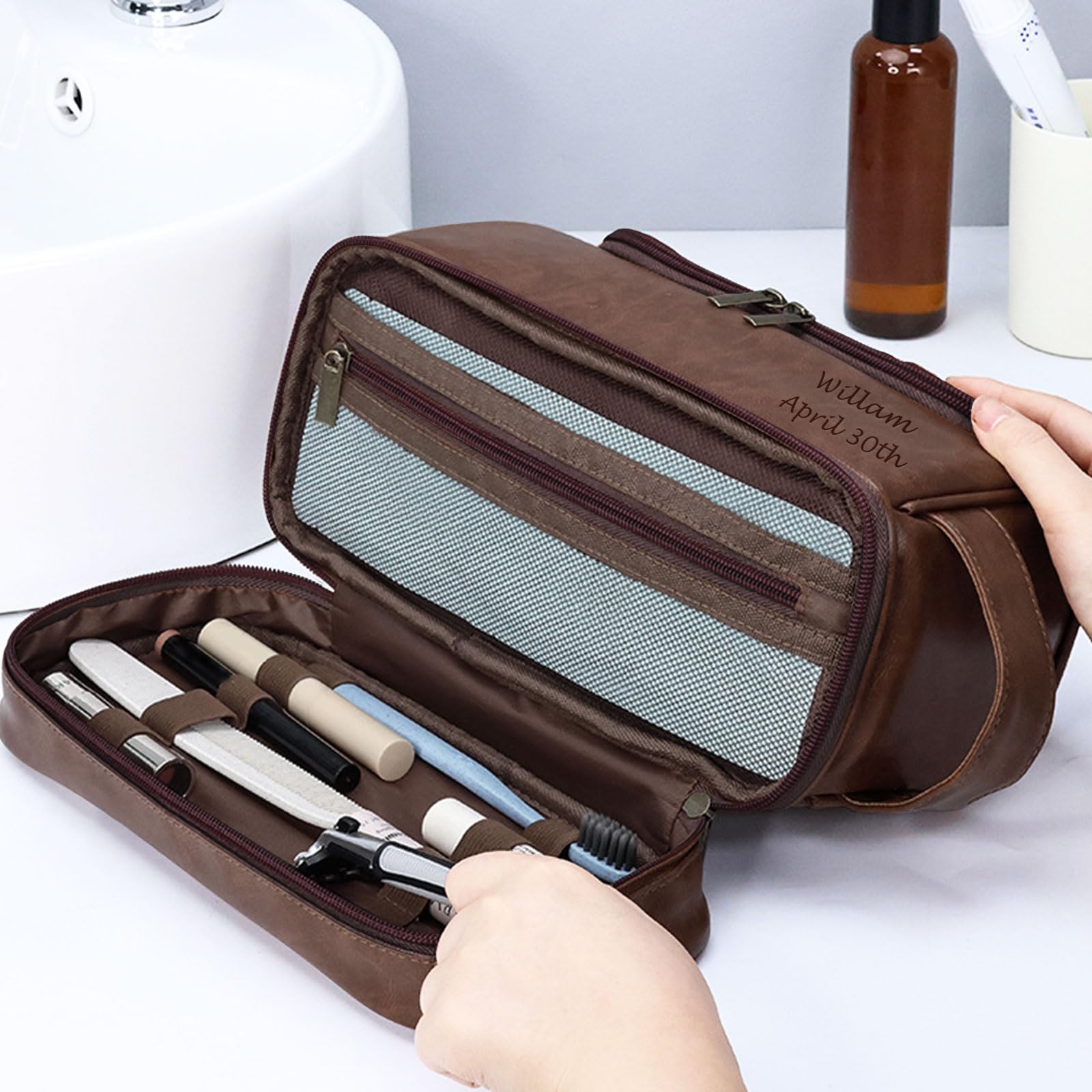 Borsa da toilette personalizzata in pelle per uomo, viaggio, barba, regalo per fidanzato marito papà