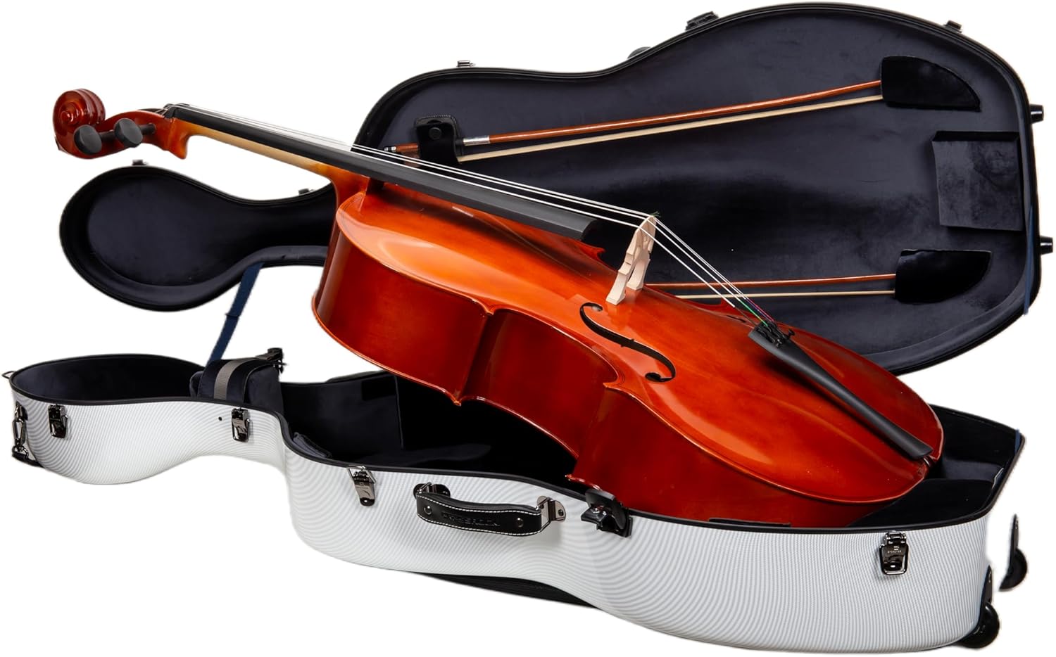 Crossrock Ultra-light Fiberglass Cello Case with Wheels-Fits 4/4 Full-size Cello- Includes Padded Music Pouch, 3 Handles, Removable Shoulder Straps, TSA Lock-White (CRF5030CEFWT)