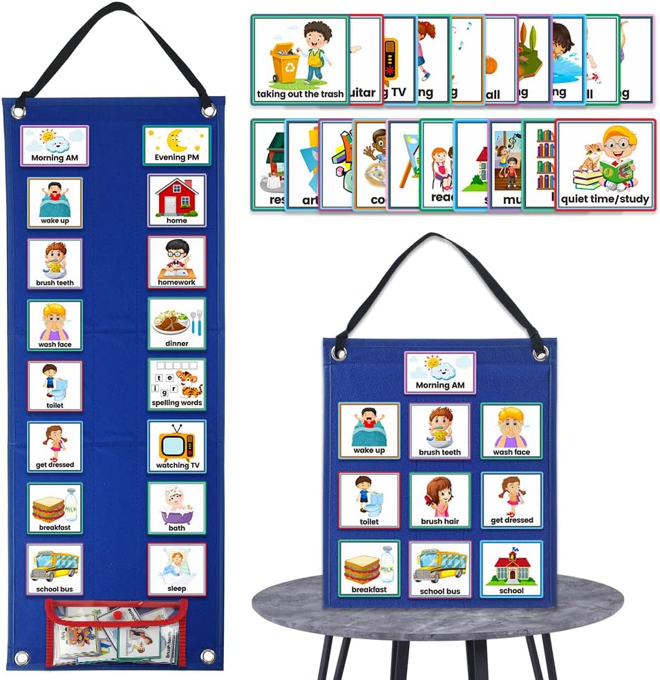 Mewise Visual Schedule Chart for Autism & ADHD Kids - 70 Routine Cards (Morning/Night/Outings) - Durable Felt Board with Storage Pocket - OT Approved Learning Tool for Home & School