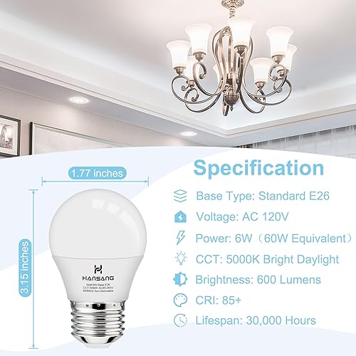 Miniatura 3 de hansang Foco pequeño A15 LED E26, luz diurna 5000K, equivalente a 60 W, bombilla de ventilador de techo E26 de base estándar E26, 600 lúmenes,