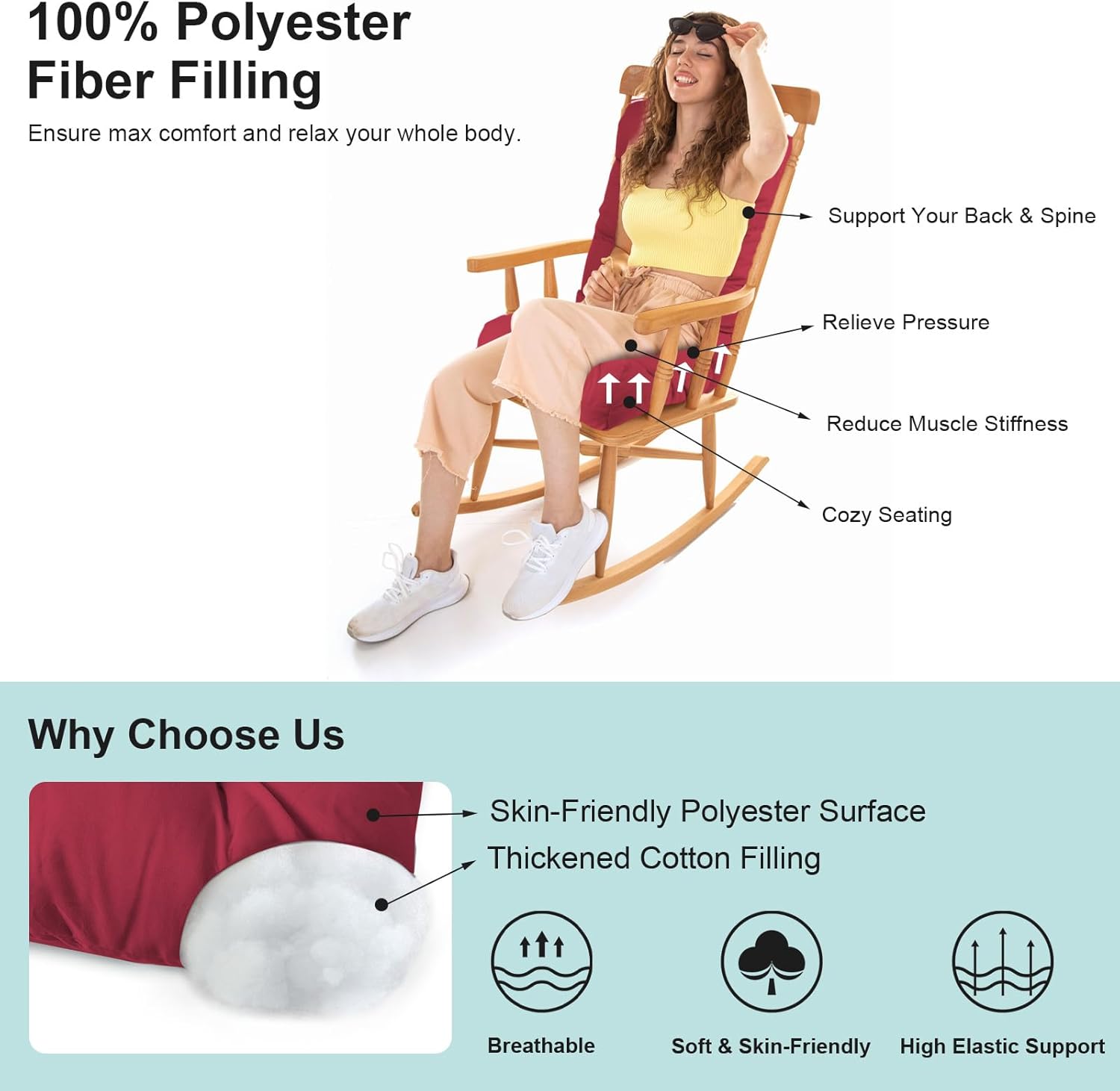 ロッキングチェアクッションセット 厚みのあるロッキングチェアーパッド ひも付き ソフトシートパッド クッションタフテッドバック シー