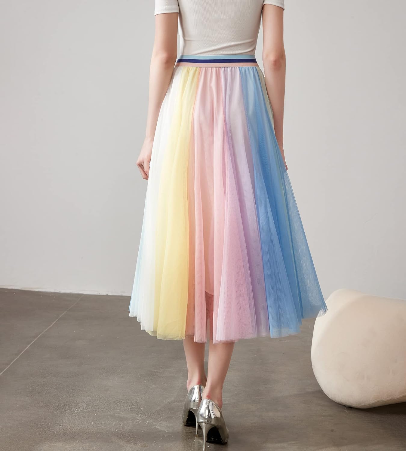 Women Pleated Long Tulle Skirt High Elastic Waist Swing Casual Midi Skirt - Image 4