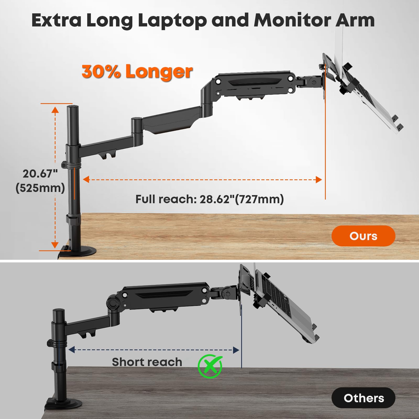 PUTORSEN Supporto a braccio per laptop fino a 18" e monitor da 17-32" | Portata massima 9 kg, supporto per monitor extra lungo con ripiano per laptop, sezione centrale rimovibile, VESA 75/100 mm