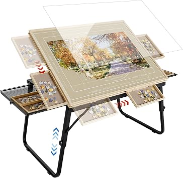 Puzzle Table with Drawers for 1500 Piece Jigsaw Puzzles Puzzle Board | Adjustable Tilting Puzzle Tables with Folding Legs & 6 Slidable Sorting Trays for Adults, Protective Cover