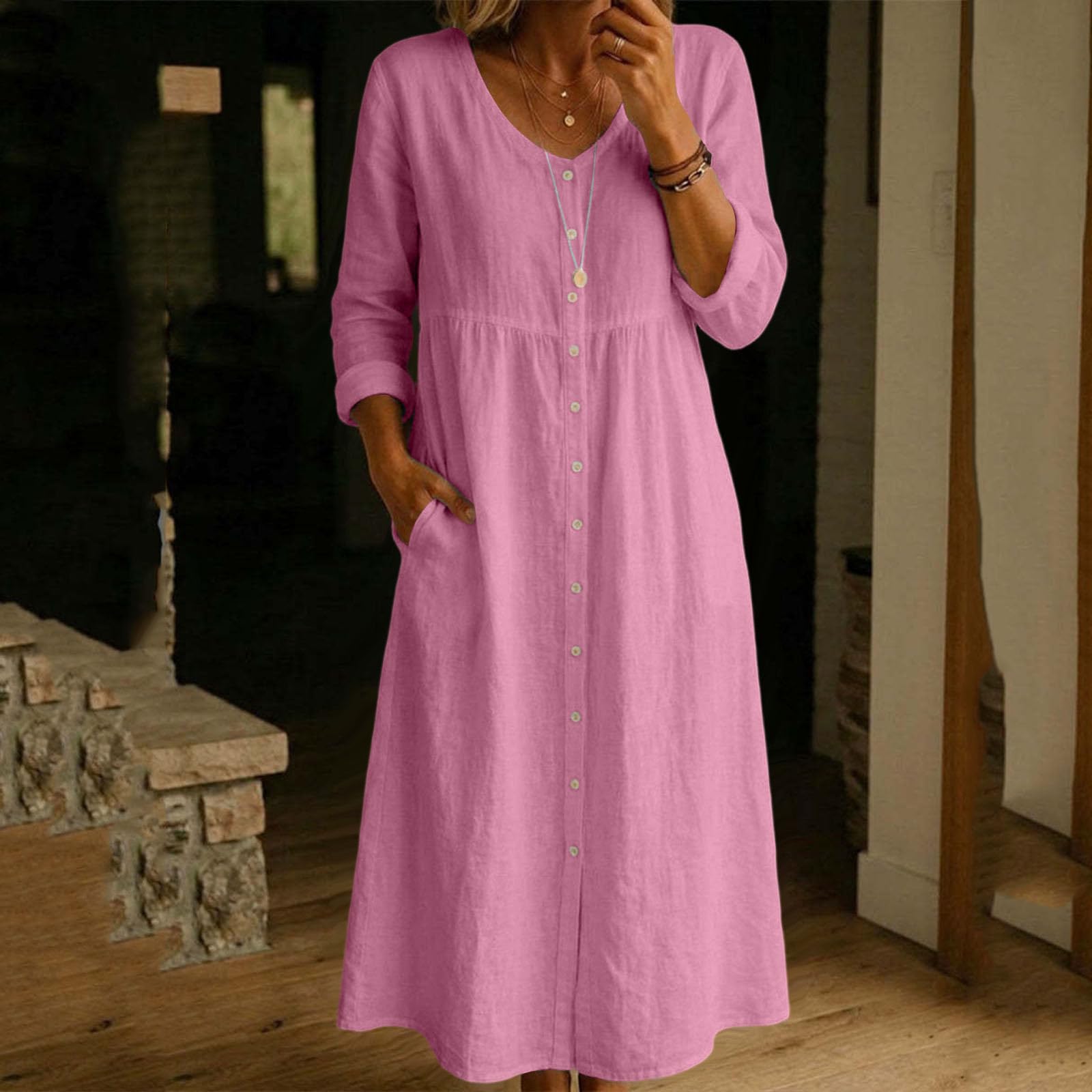 Sommerkleider Damen Leicht Luftig Casual Baumwolle Leinen Maxikleid V-Ausschnitt Musselin A-Linie 3/4 arm Leinenkleid Hohe Taille Freizeitkleid Blusenkleid Shirtkleid Strandkleid