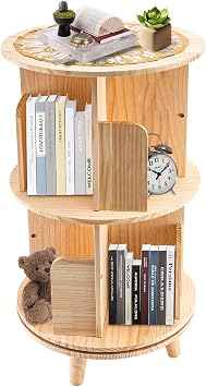 Rotating Bookshelf, 360 Display 2 Tier Floor Standing Bookcase Storage Rack, Round Rotating Bookshelf Organizer, Wood Book Shelf for Bedroom, Living Room, Study Room Wood
