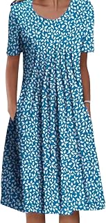 Womens Bohemian Floral Short Sleeve Flowy Dress Casual Summer Loose Swing Tshirt Midi Dresses with Pockets