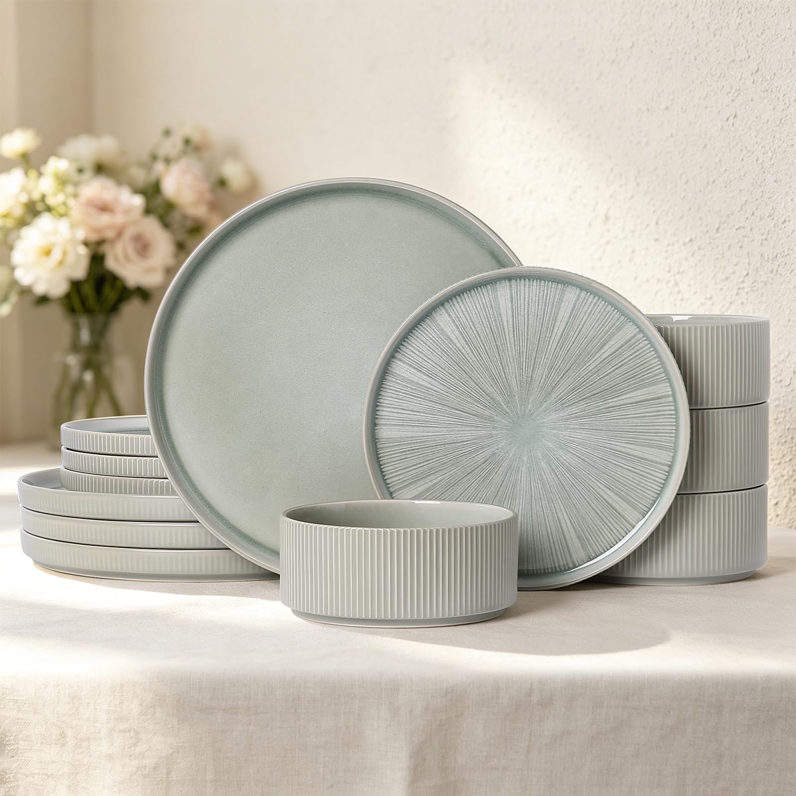 Stoneware Dinnerware Sets for 4, 12-Piece Plates and Bowls Set, Light Green
