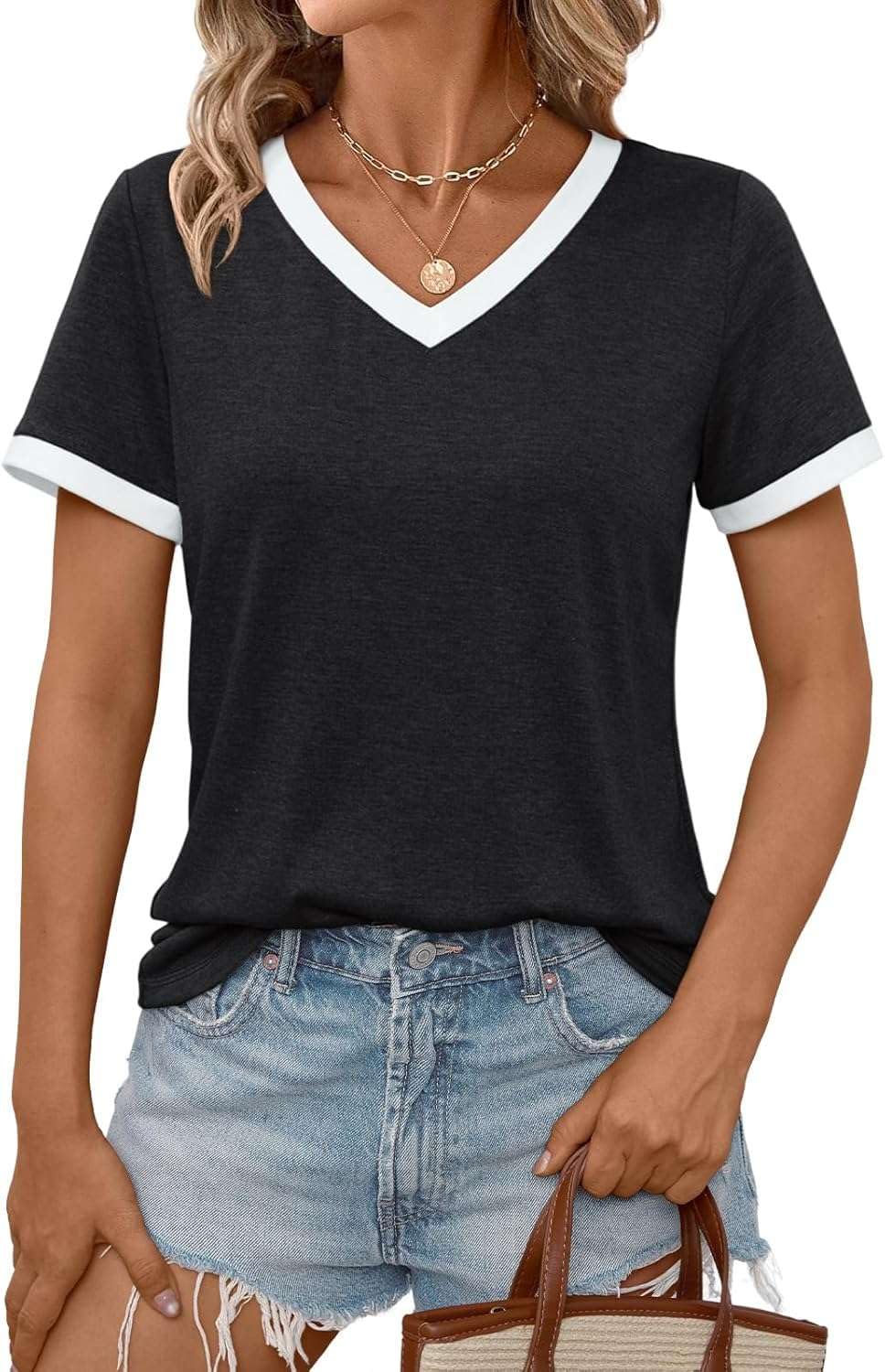 Pawate Damen Tshirt Kurzarm V-Ausschnit Oberteil Sommer Tops Elegant Tunika Bluse