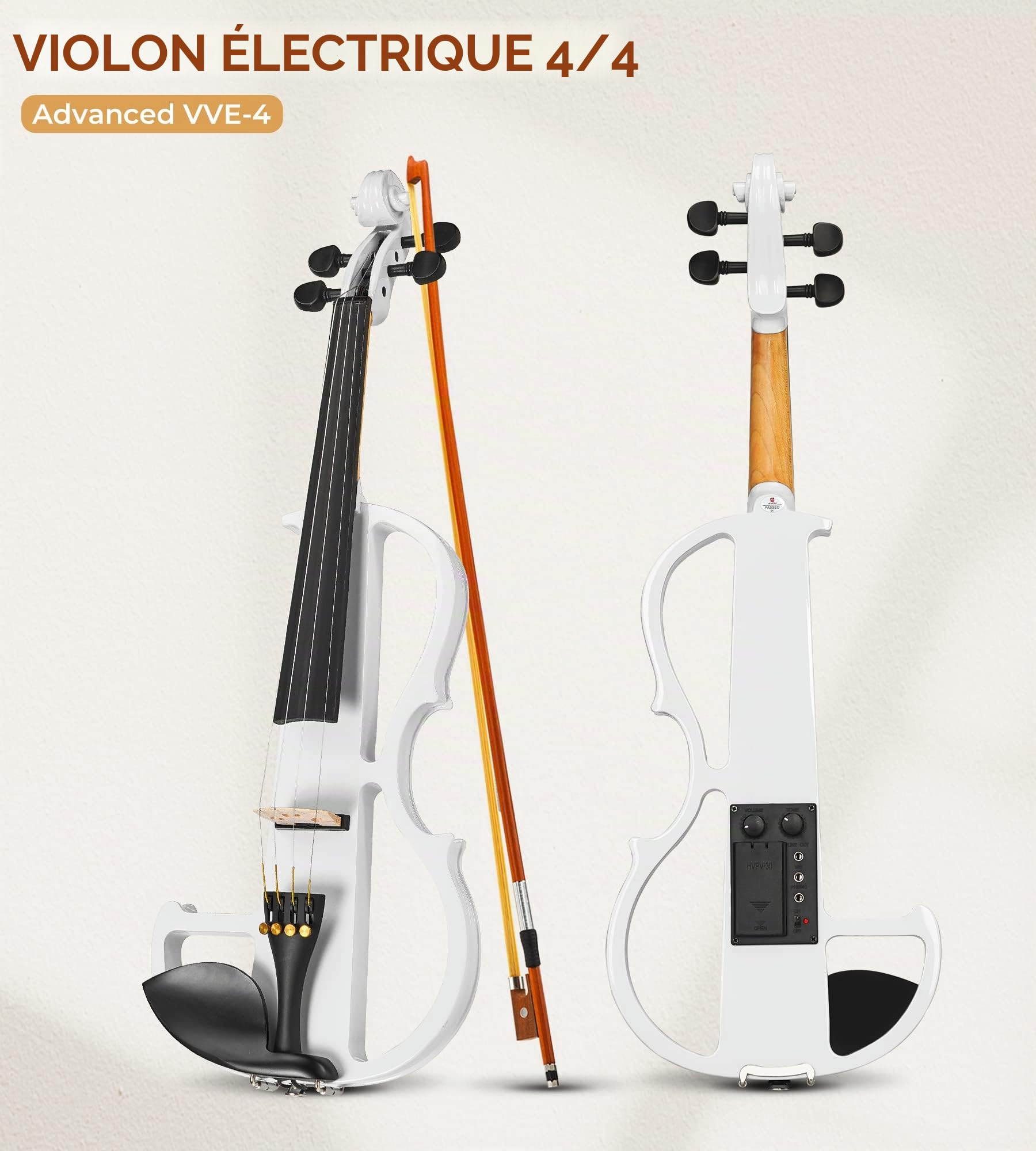 Vangoa Violon Électrique 4/4 Pratique Silencieuse Violon Pleine Grandeur pour Débutants Étudiants Adultes Adolescents avec Kits de Démarrage, Blanc