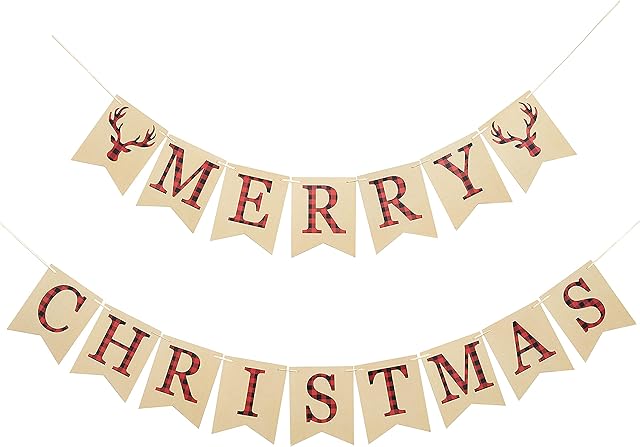 Happium Traditional Happy Merry Christmas Banner, Christmas Bunting Garland, Hanging Xmas Decorations for Fireplace Wall