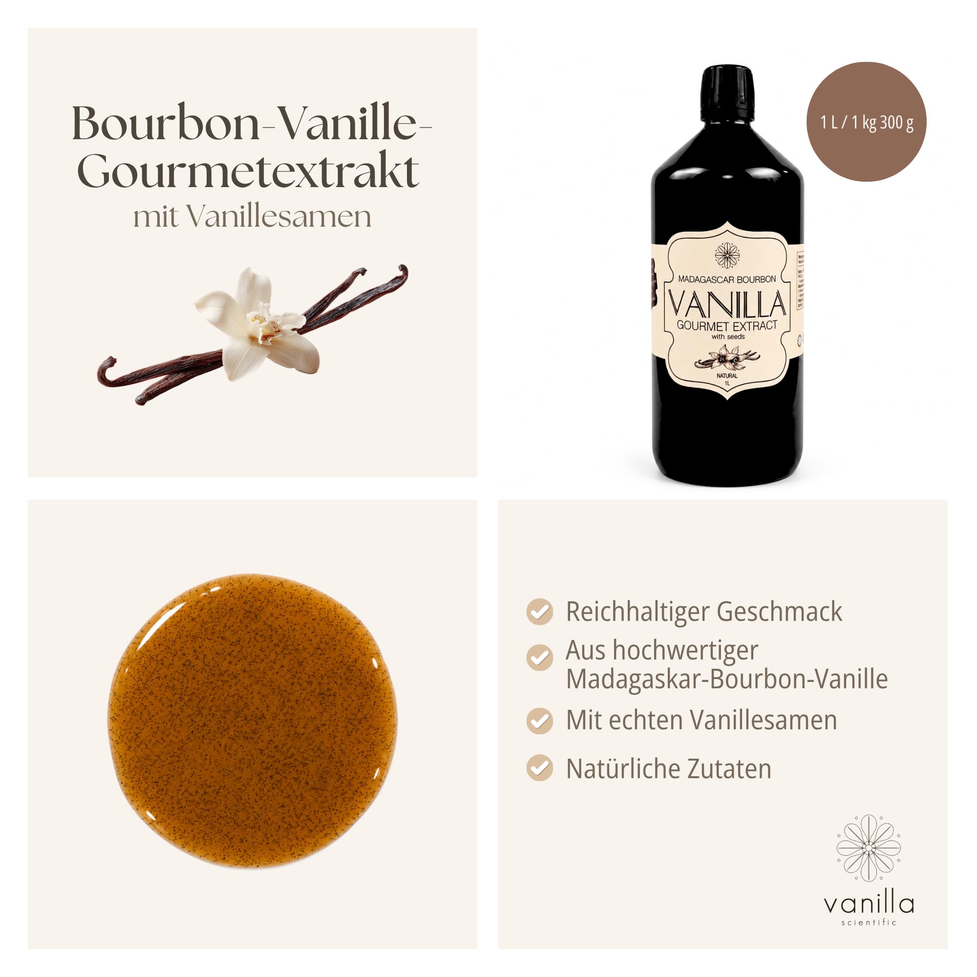 Vanilla Scientific Bourbon Vanilla Extract with Seeds - Professional Alcohol-Free Formula - Madagascar Vanilla for Baking & Desserts - 1l