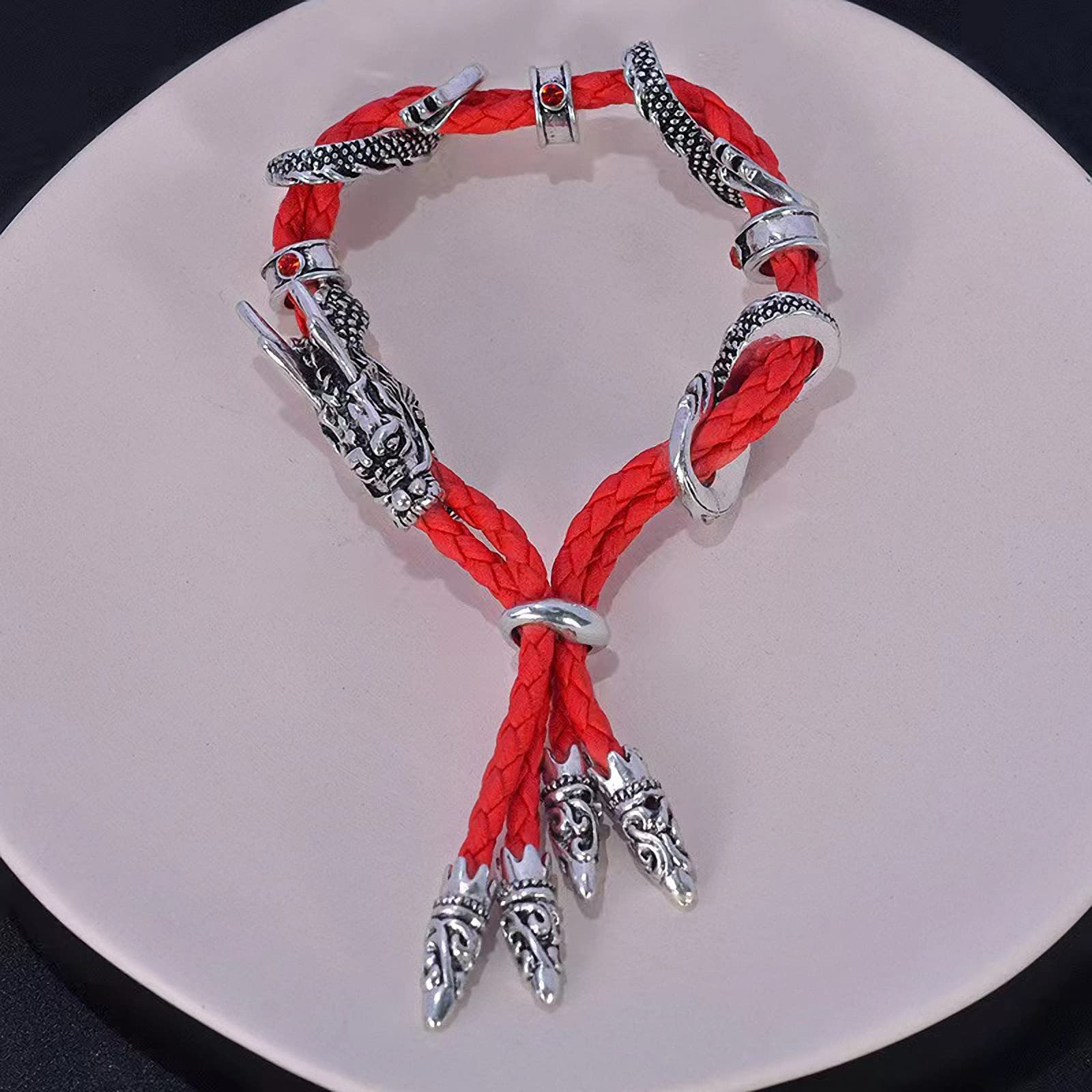 Pulseras de plata antiguas con estilo vintage con cuerda roja de cristal de diamantes de imitación de dragón para mujer, Acero aleado 3
