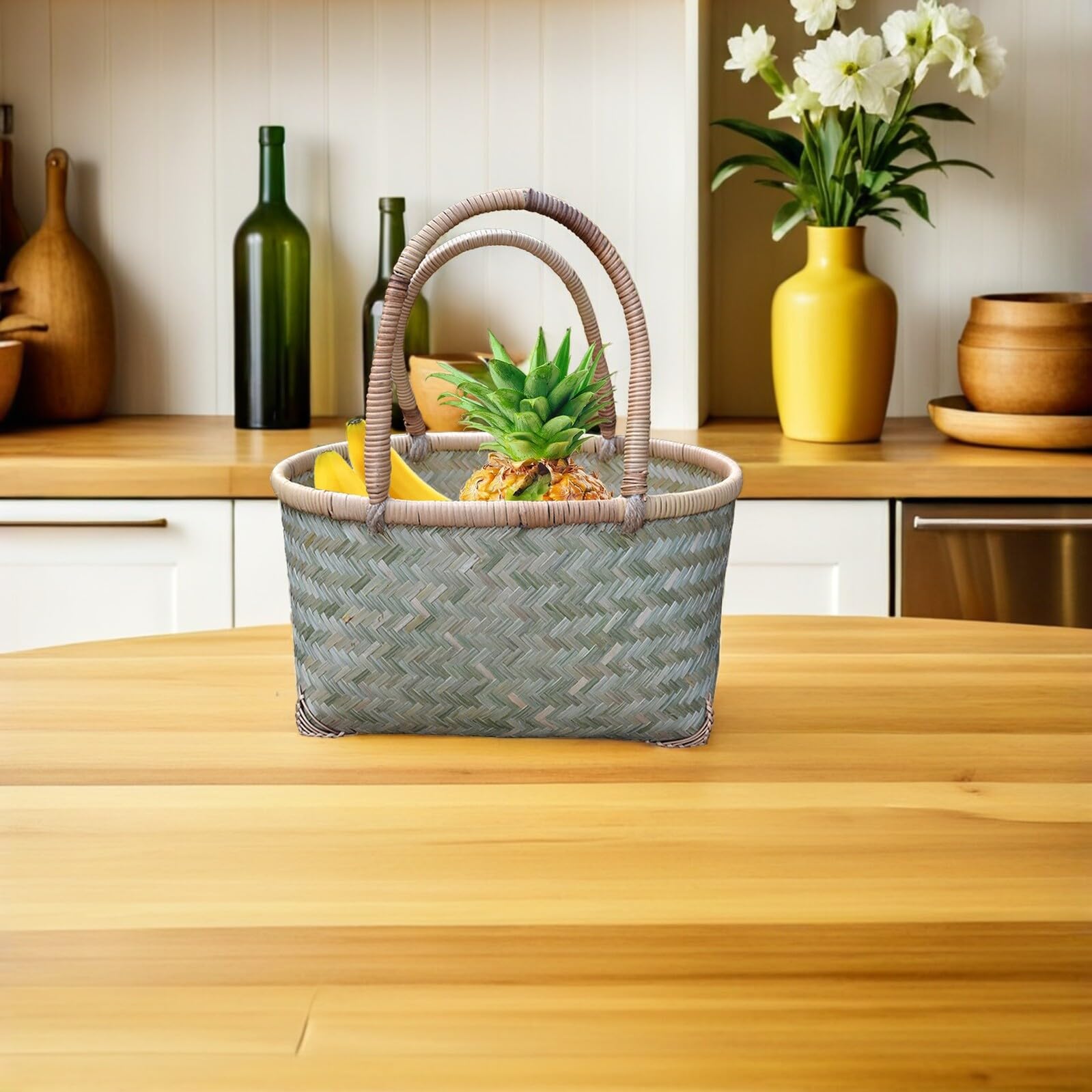 MAGICLULU Cesta Tejida De Bambú Pequeña para Picnic y Almacenamiento Cesta Multiusos Portátil Color Aleatorio 31x21x16 Cm para Jardín y Patio Al Aire Libre