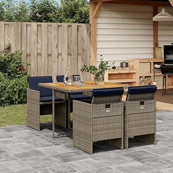 5 Piece Outdoor Dining Set with Cushions, Gray Poly Rattan Patio Furniture Set for Garden Backyard, Foldable Chairs, Weather-Resistant PE Wicker, Acacia Wood Table, Navy Blue Cushions