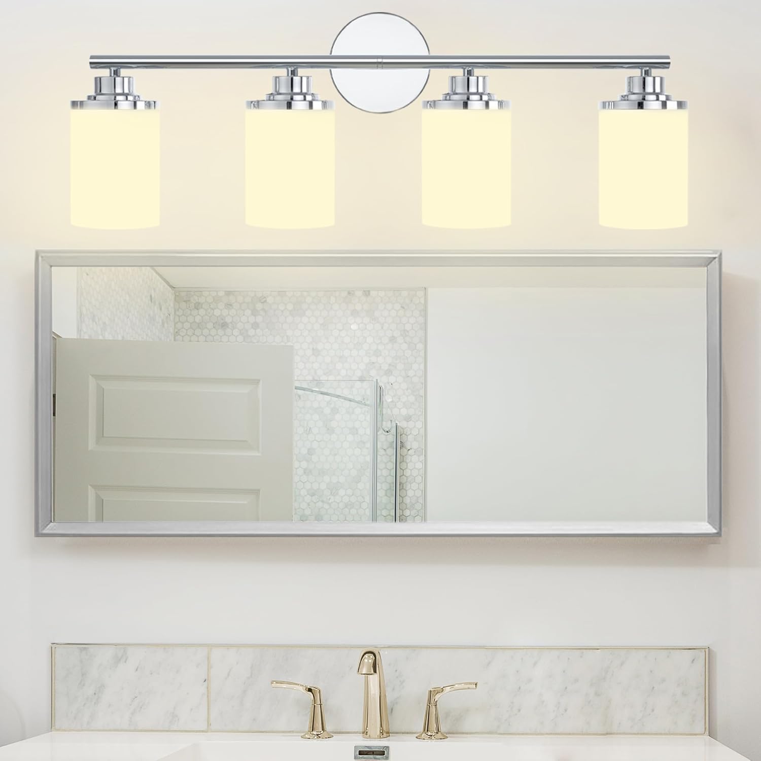 Chrome Bathroom Light Fixtures,4-Light Chrome Vanity Lights,Chrome Bathroom Lights Over Mirror,Mid-Century Modern Sconce with Frosted Glass