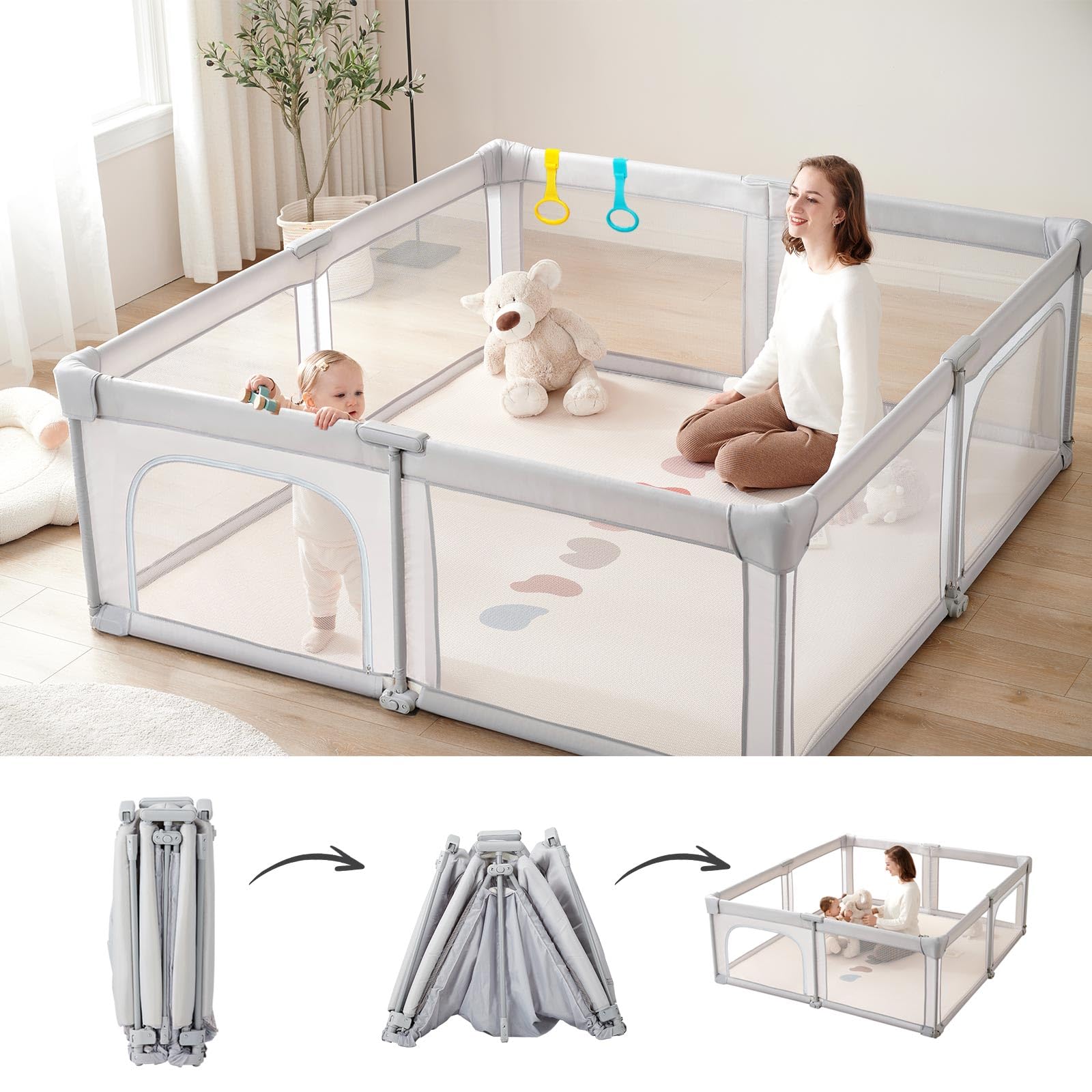 Baby playpen Easy Assembly(Pre-Assembled), 150x150cm Foldable playpen Compact Storage, Durable Breathable mesh & Oxford Cloth, Safe Large Play Area for Toddlers, Travel Play Pen with Carrying Bag