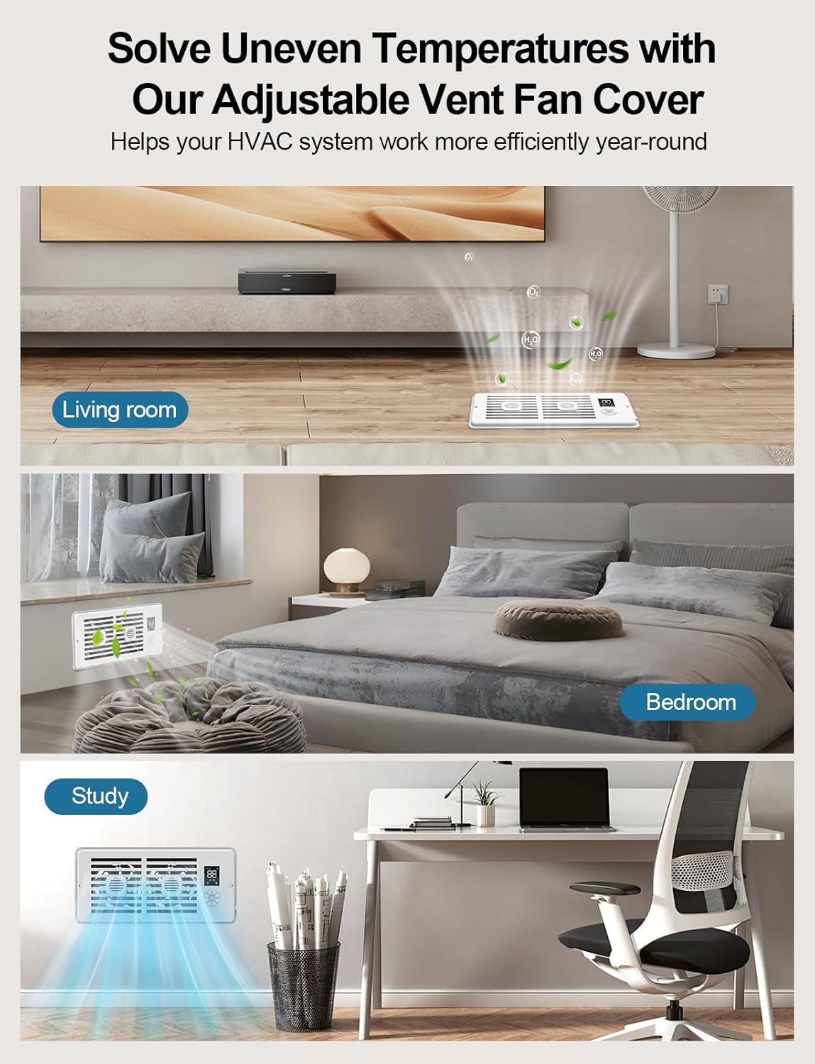 Smart Register Booster Fan with Aromatherapy Function, White - Quiet Vent Fan for Improved Heating & Cooling Efficiency, Adjustable Speeds, Powered Vent Register for 4” × 10” Vents