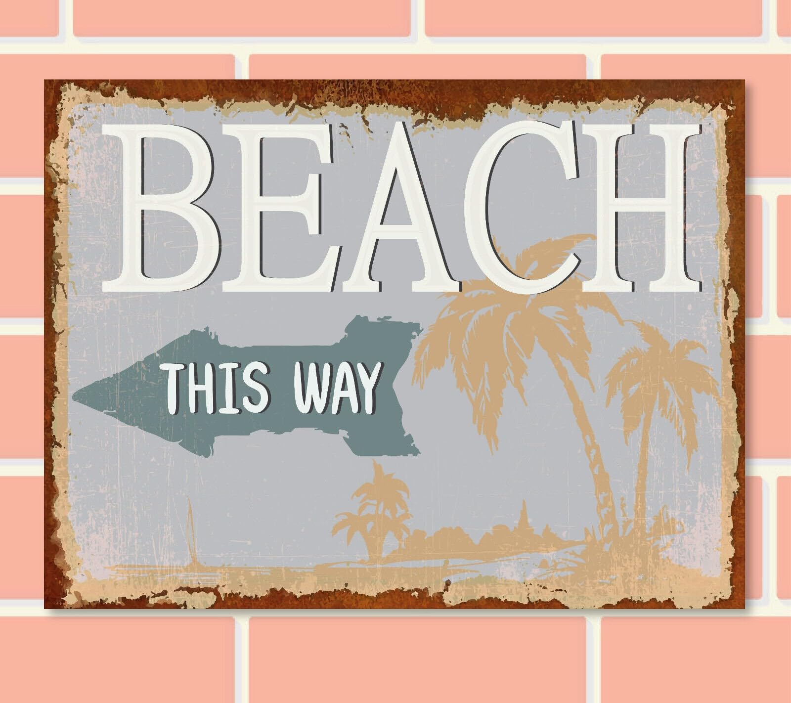 BEACH THIS WAY Arrow Direction Retro Metal Sign Seaside Bar Pub Plaque Party Vintage Gift