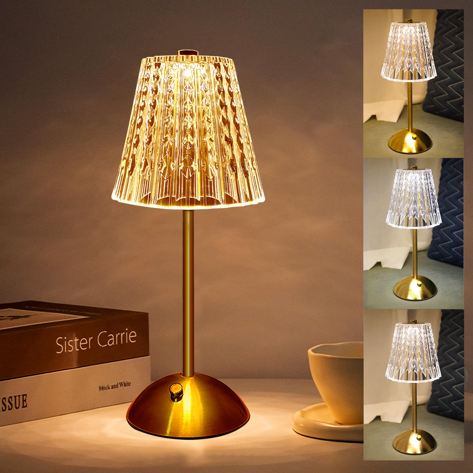 Metal Cordless Table Lamp Touching Control Crystal Lamp, Rechargeable Diamond Table Lamps with 3 Color Changing Light, Table Lamp Modern Style Bedside Lamp for Bedroom,Office,Bar,Wedding